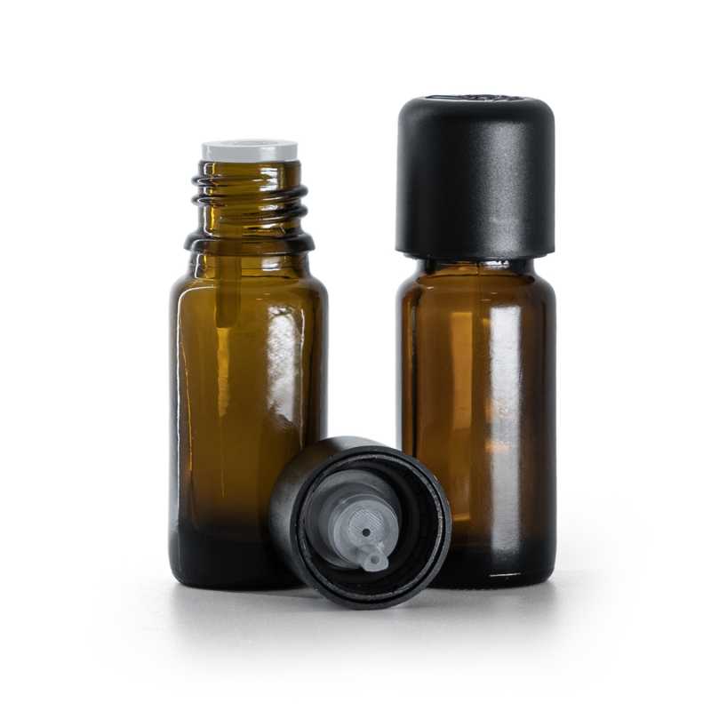 Braunglasflasche, Typ B, schlank, schwarze Sicherheitsverschlusskappe und Tropfer 10 ml