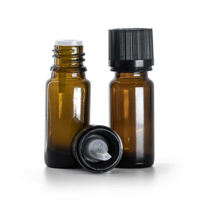 Braunglasflasche, Typ B, schlank, schwarze Sicherheitskappe und Tropfer 10 ml