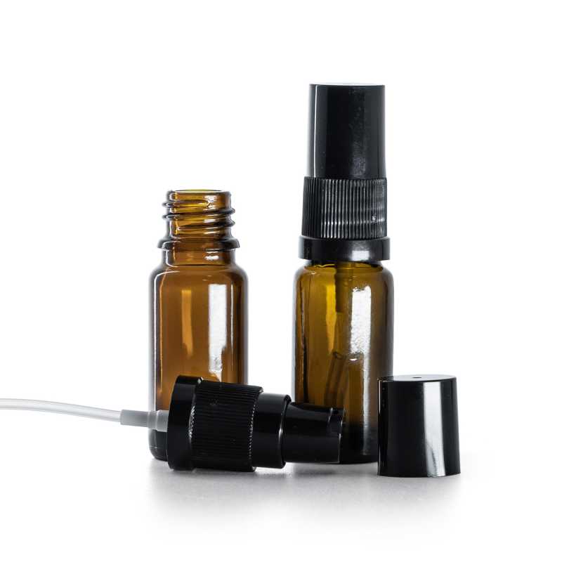 Braunglasflasche, Typ B, schlank, schwarze Lotionpumpe mit schwarzer Kappe, 10 ml