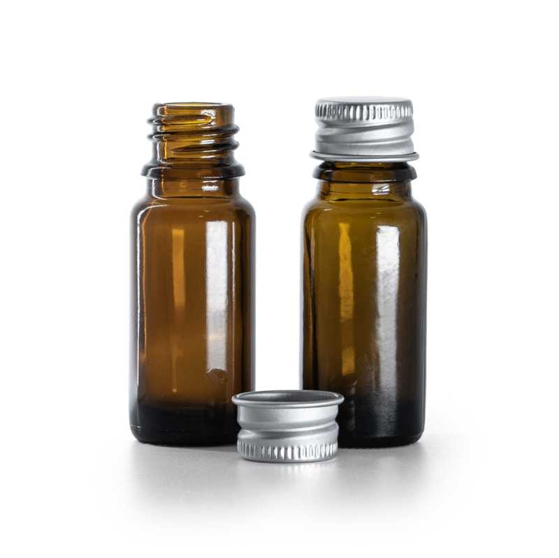 Braunglasflasche, Typ B, schlank, silberner Aluminiumdeckel, 10 ml