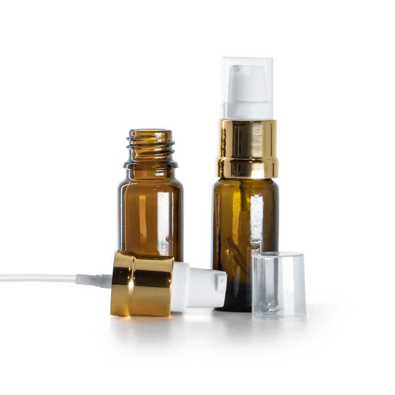 Braunglasflasche, Typ B, schlank, glänzende goldweiße Pumpe, 10 ml