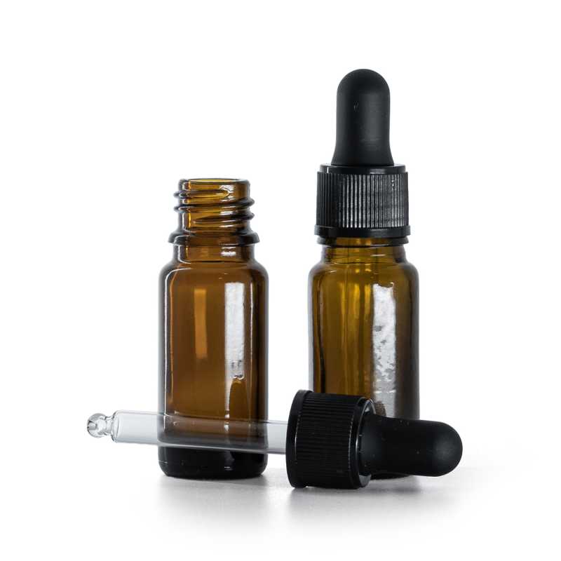 Braunglasflasche, Typ B, schlank, mattschwarzer Tropfenzähler, 10 ml