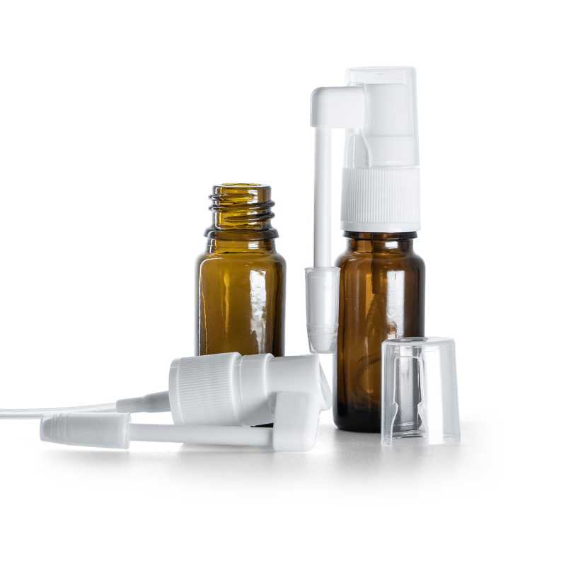 Braunglasflasche, Typ B, schlank, weißes Mundspray, 10 ml