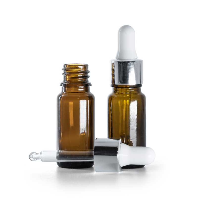 Braunglasflasche, Typ B, schlank, silberglänzender weißer Tropfenzähler, 10 ml