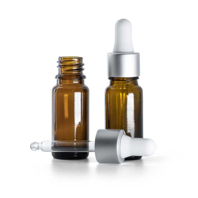 Braunglasflasche, Typ B, schlank, mattsilberner weißer Tropfer, 10 ml