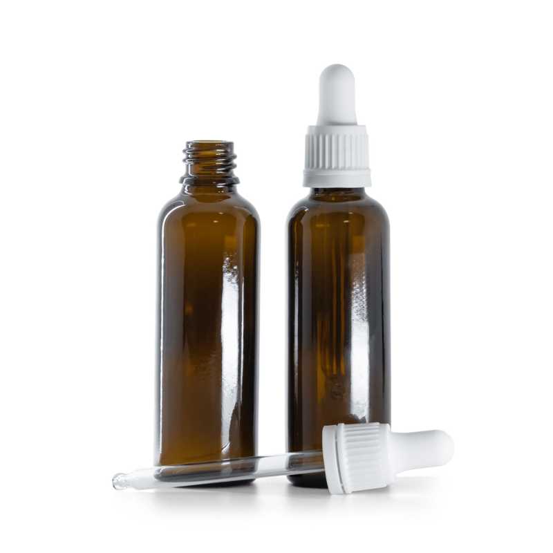 Braunglasflasche, schlank, weiße Pipette, 50 ml