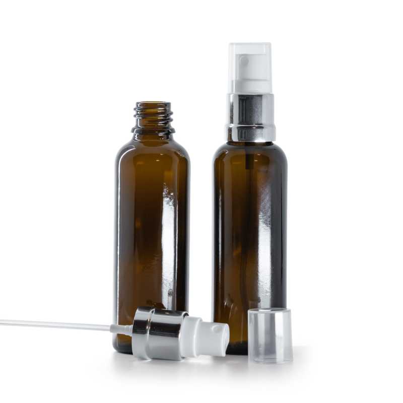 Braunglasflasche, schlank, silberweißes Spray, 50 ml