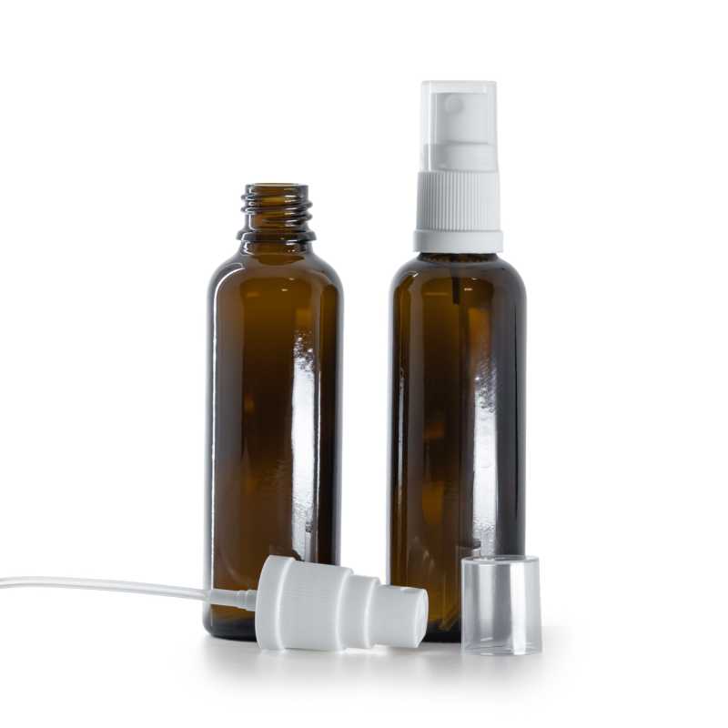 Braunglasflasche, schlank, weißes Spray, 50 ml