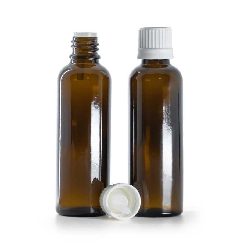 Braunglasflasche, schlank, weißer Originalitätsverschluss & Tropfer, 50 ml