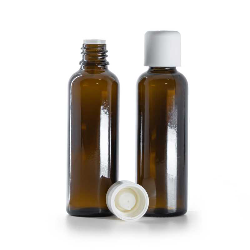 Braunglasflasche, schlank, weiße Sicherheitskappe und Tropfer, 50 ml