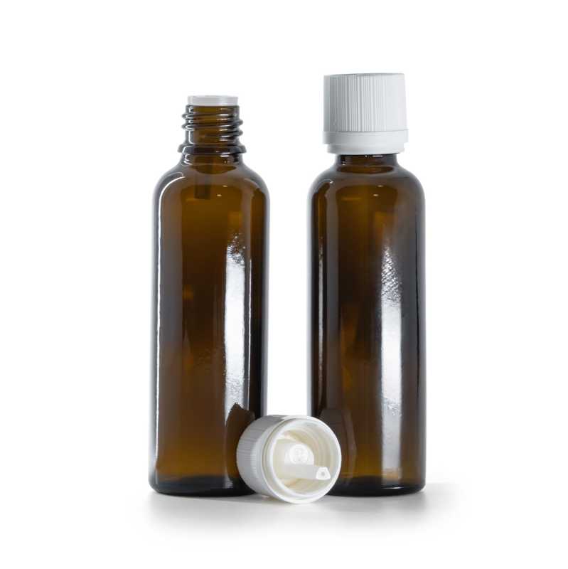 Braunglasflasche, schlank, weiße Sicherheitsverschlusskappe und Tropfer, 50 ml, manipulationssicher