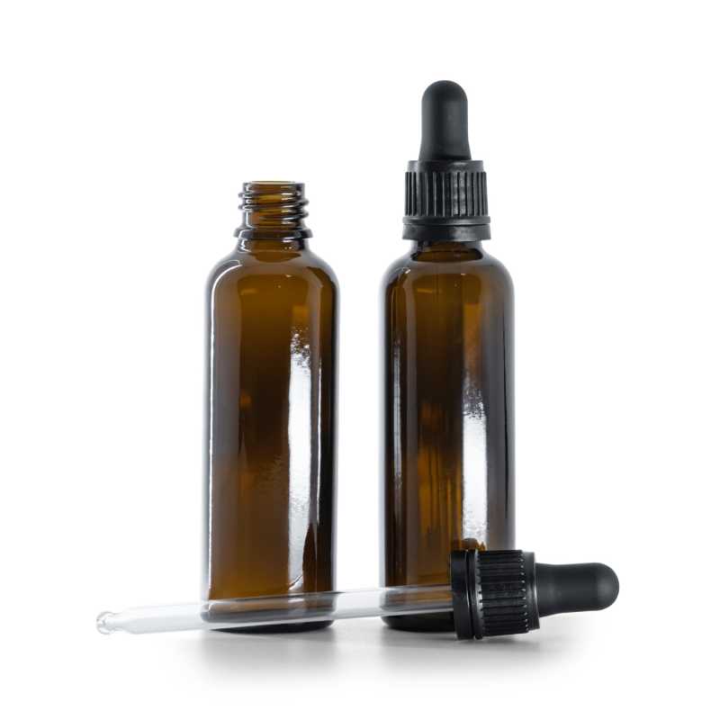 Braunglasflasche, schlank, schwarzer, manipulationssicherer Tropfer, 50 ml