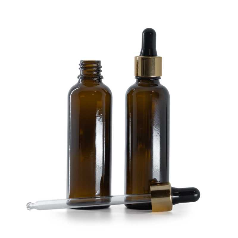 Bernsteinglasflasche, schlank, gold-schwarzer Tropfenzähler, 50 ml