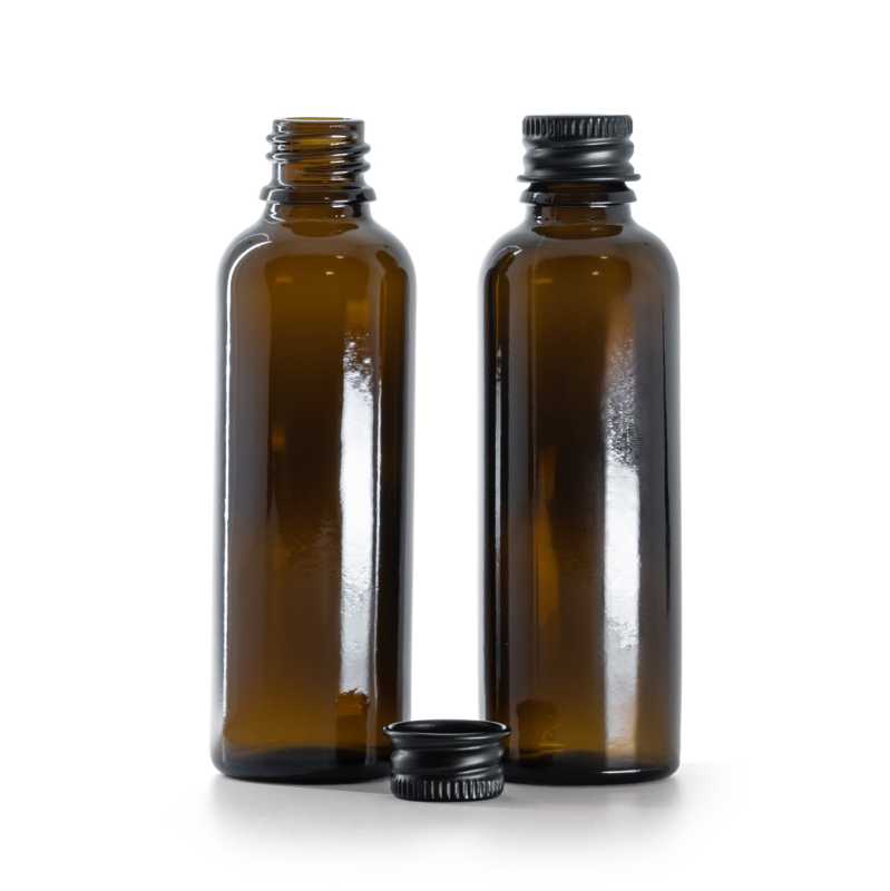 Braunglasflasche, schlank, schwarzer Aluminiumdeckel, 50 ml