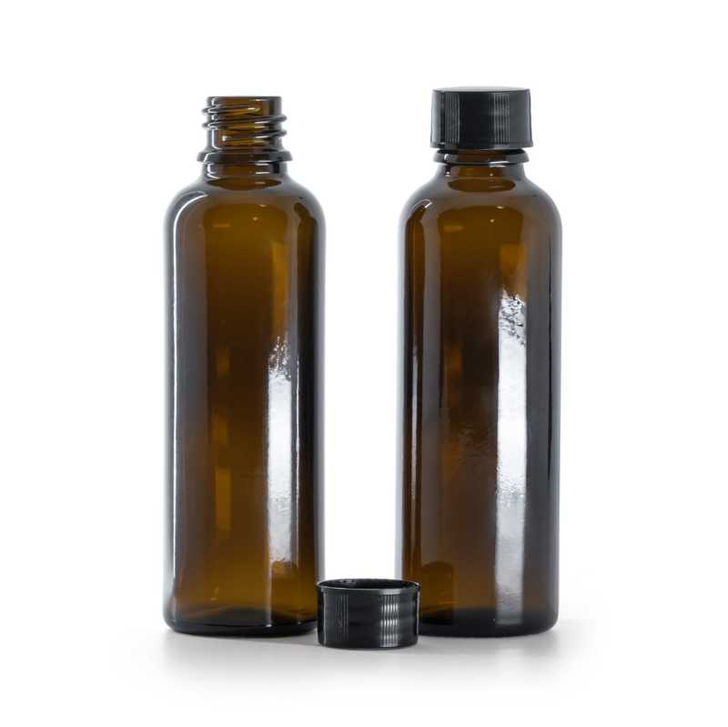 Bernsteinglasflasche, schlank, černý uzávěr, 50 ml