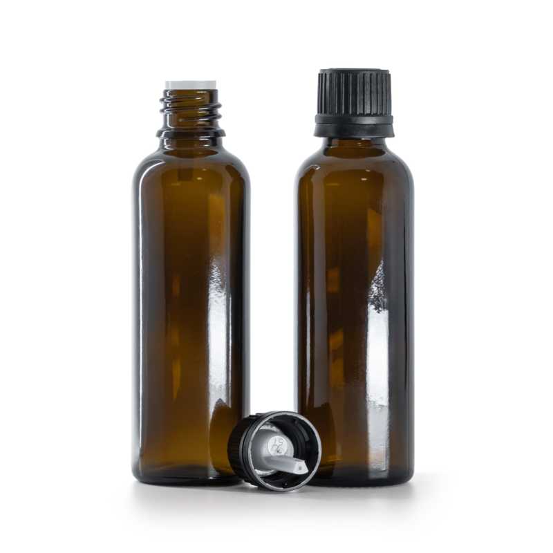 Braunglasflasche, schlank, schwarzer Verschluss & Tropfer 50 ml
