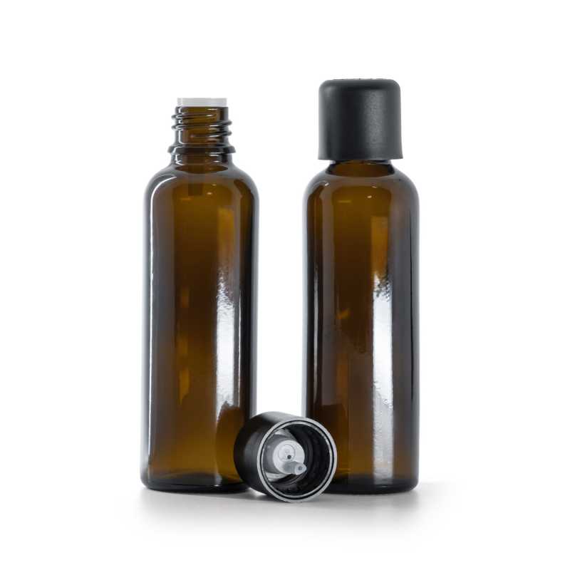 Braunglasflasche, schlank, schwarze Sicherheitsverschlusskappe und Tropfer 50 ml