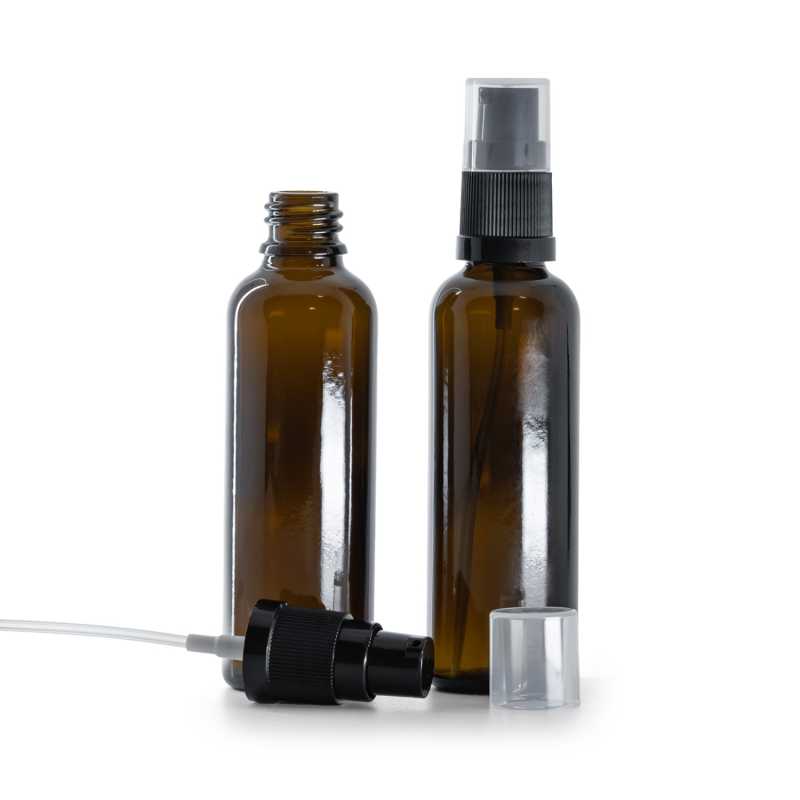 Braunglasflasche, schlank, schwarze Lotionpumpe, 50 ml