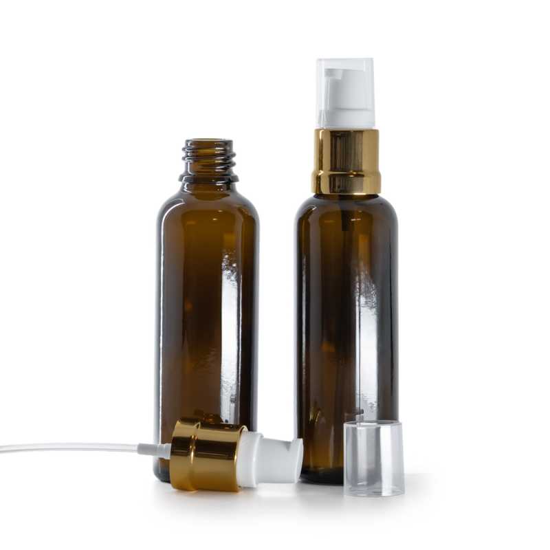 Ambre Glasflasche, schlank, glänzende gold-weiße Pumpe, 50 ml