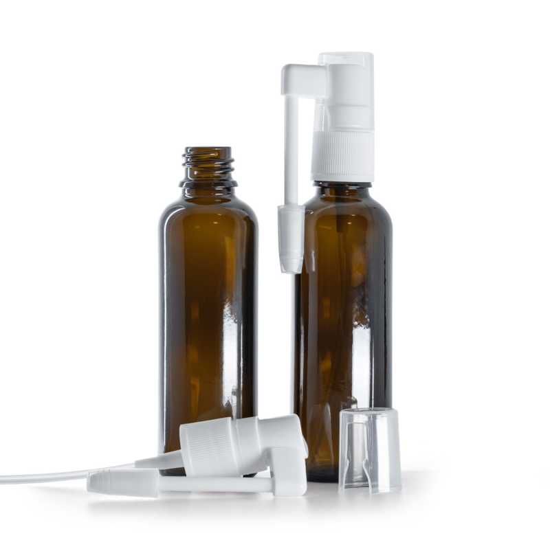 Braunglasflasche, schlank, weiß Mundspray, 50 ml