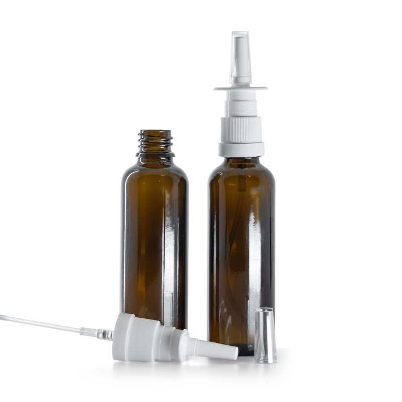 Braunglasflasche, schlank, weißes Nasenspray, 50 ml