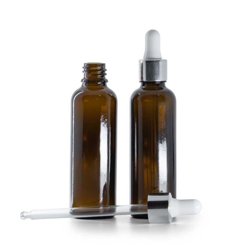 Braunglasflasche, schlank, silberglänzend weißer Tropfer, 50 ml