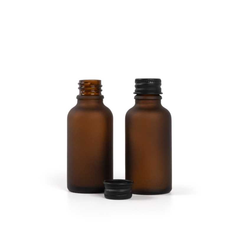 Braunglasflasche, mattiert, schwarzer Aluminiumverschluss, 30 ml