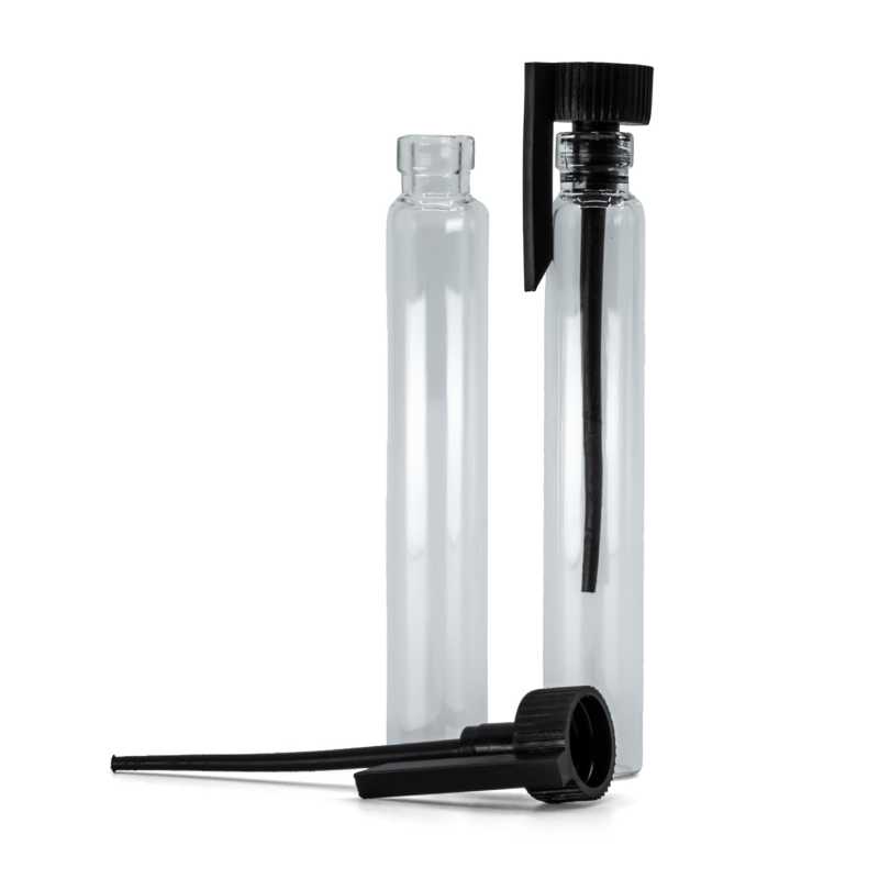 Kosmetiktester aus Glas, schwarze Kunststoffkappe, 2 ml