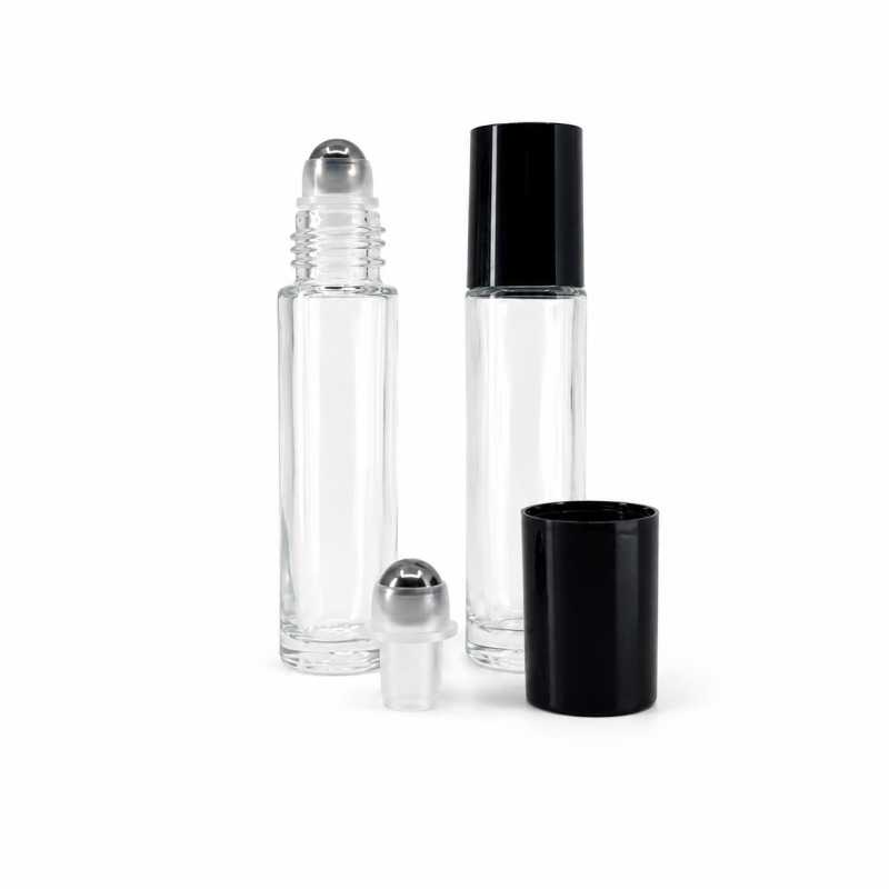Klarglas-Roll-on-Fläschchen, schwarzer Verschluss, Metall-Rollerball, 10 ml