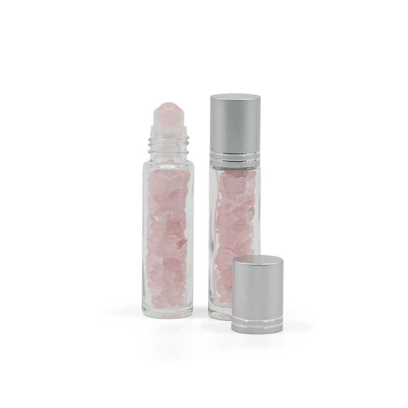 Glas Roll-on mit Rosenquarz, Silberkappe, 10 ml